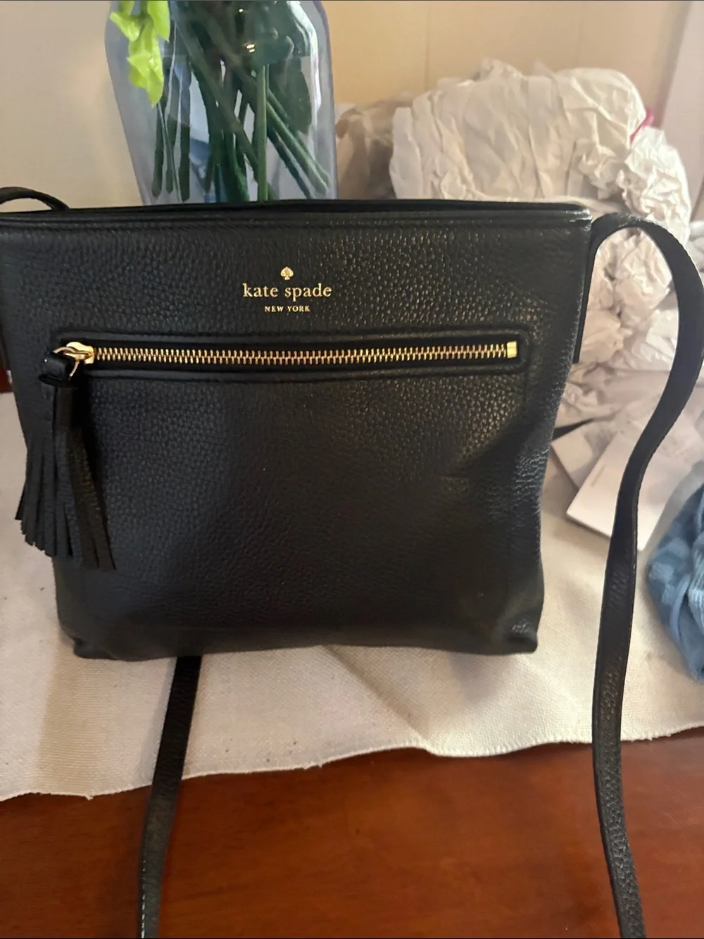 kate spade Black Leather Crossbody with Gold Hardware